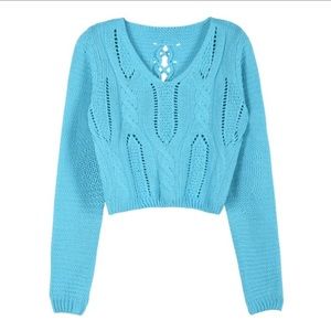 Women's Cropped Sweater Long Sleeve Eyelet Cable Lace Up Back